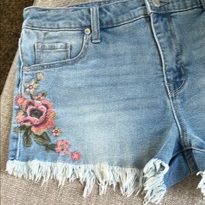 EUC. Mossimo Supply Co Blue and Pink Floral Embroidered Jean Shorts
